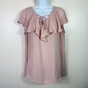 Dusty Pink Ruffle Lace Up Crisscross Neckline Blouse